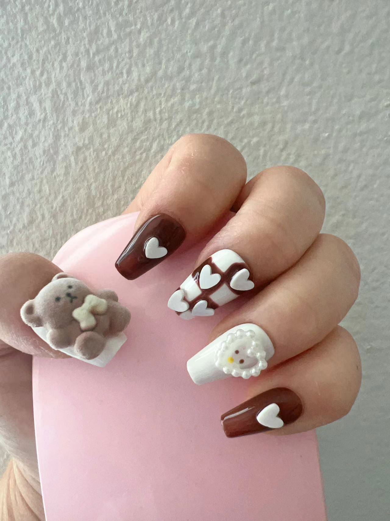 Cute Bear nail( press on nail, handmade,cute nail, reusable ,10pc, short nail, coffin nail,salon Nail quality , Nail Art, Nail Care, Cuties) - M LADY - -