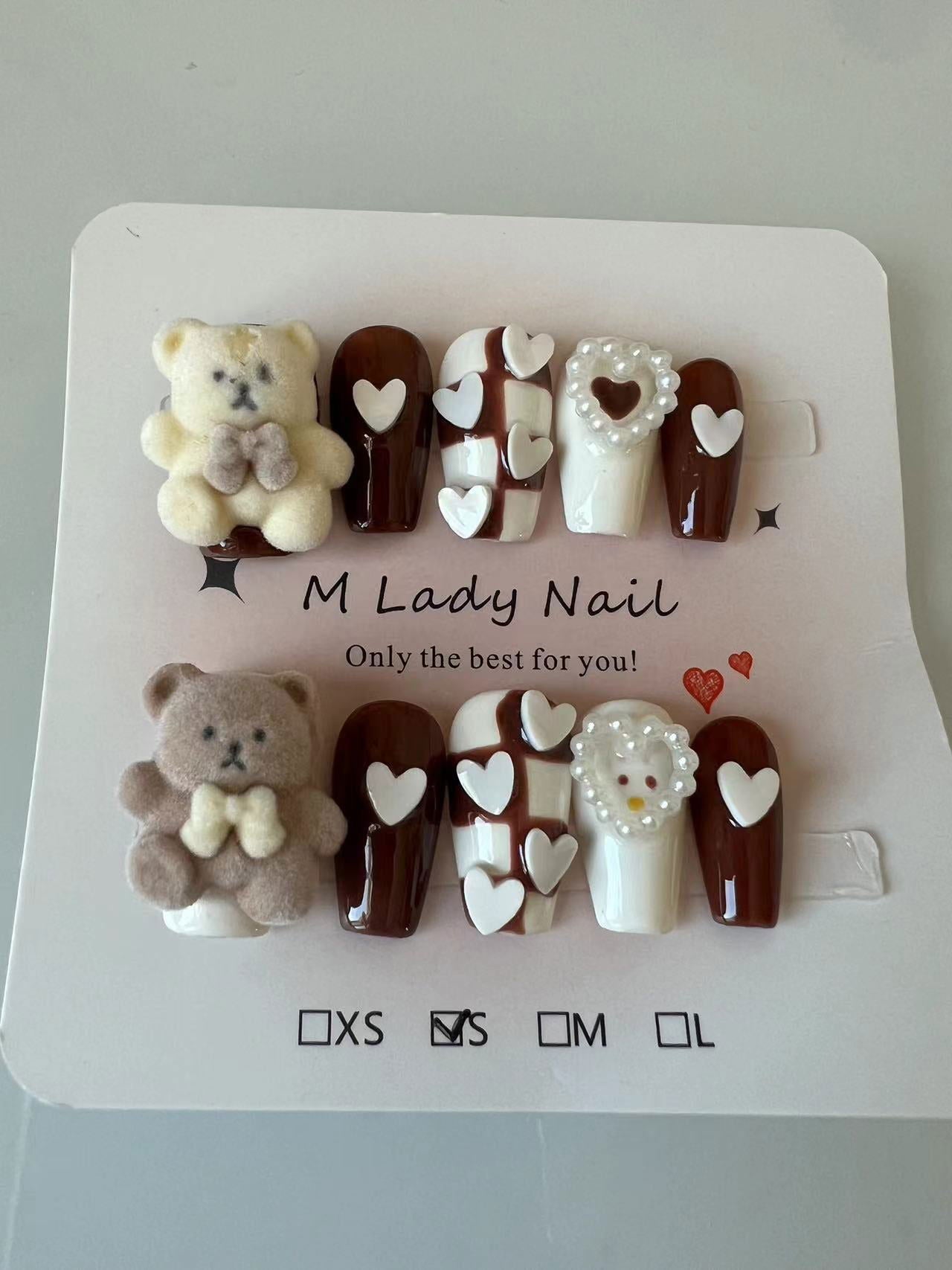 Cute Bear nail( press on nail, handmade,cute nail, reusable ,10pc, short nail, coffin nail,salon Nail quality , Nail Art, Nail Care, Cuties) - M LADY - -