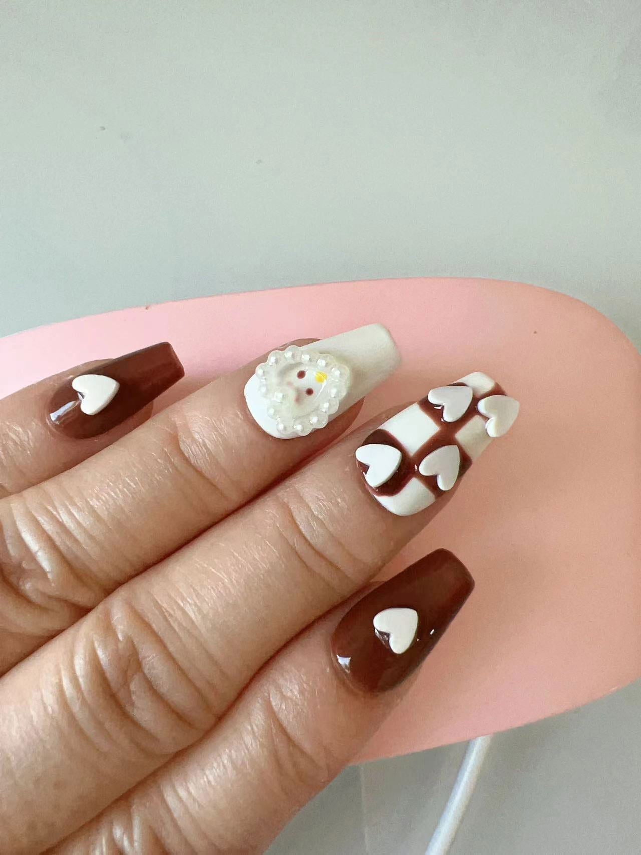 Cute Bear nail( press on nail, handmade,cute nail, reusable ,10pc, short nail, coffin nail,salon Nail quality , Nail Art, Nail Care, Cuties) - M LADY - -