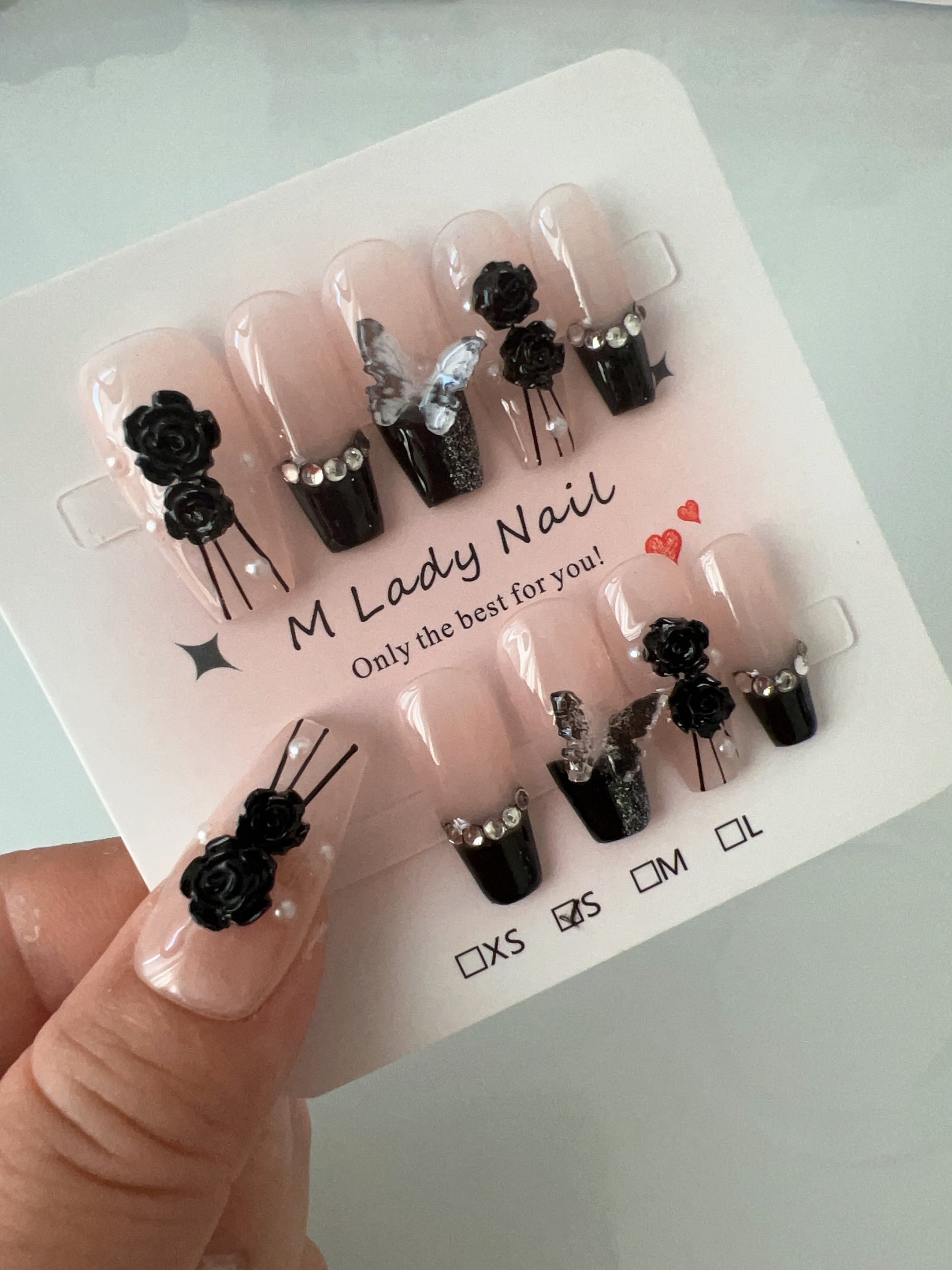 Elegant Black Rose Press On Nails