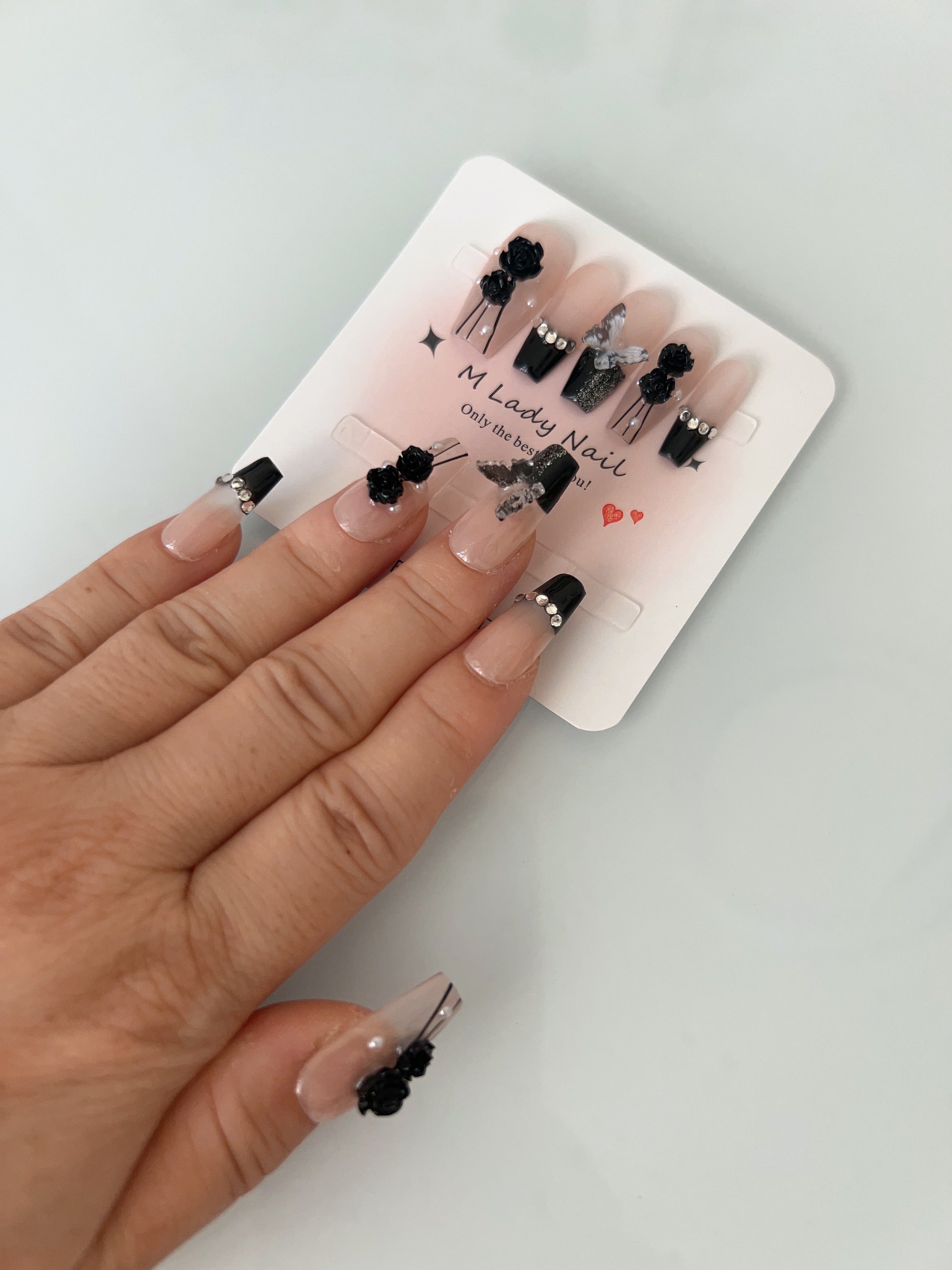 Elegant Black Rose Press On Nails