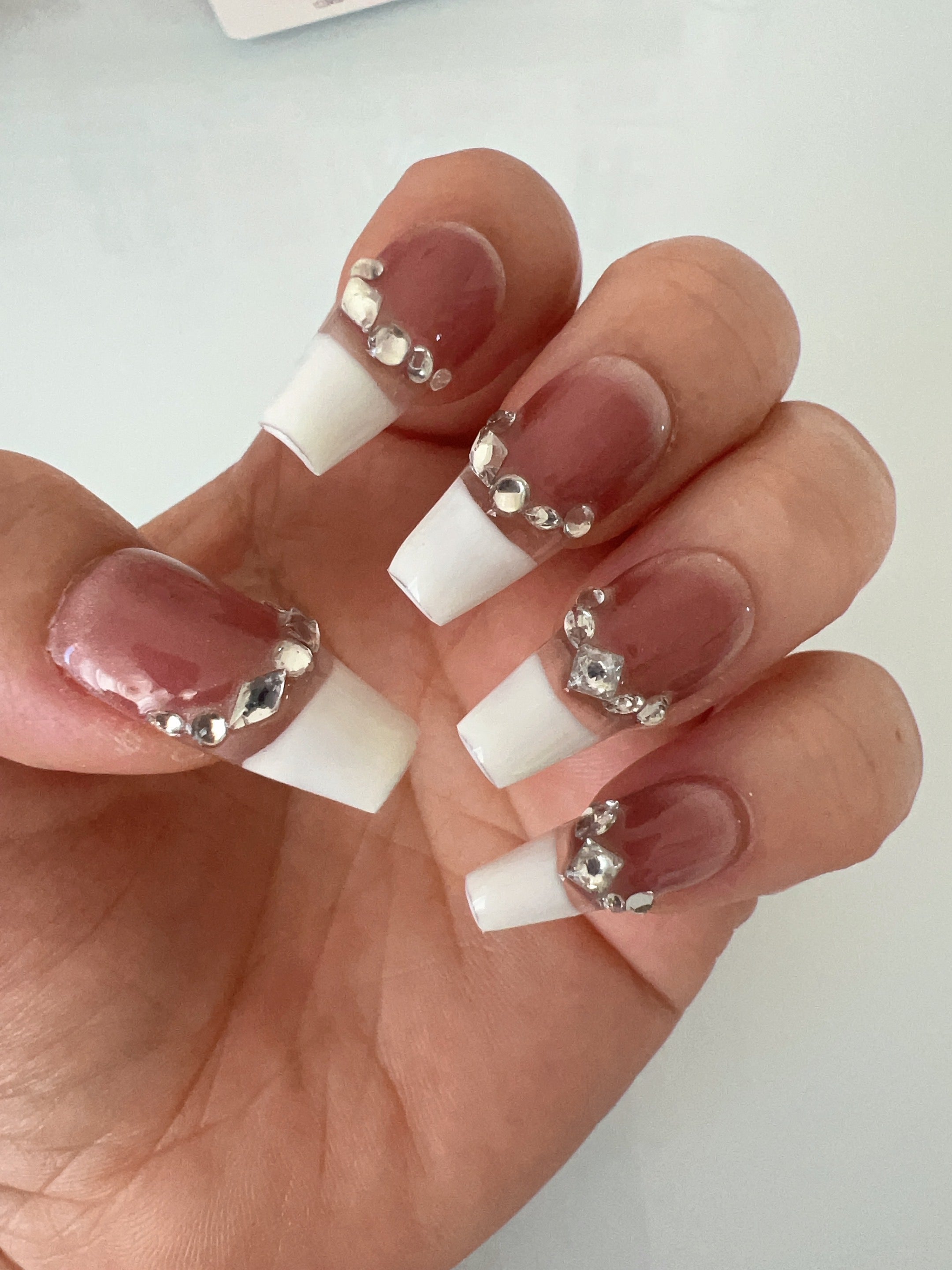 Rhinestone French Press On Nails
