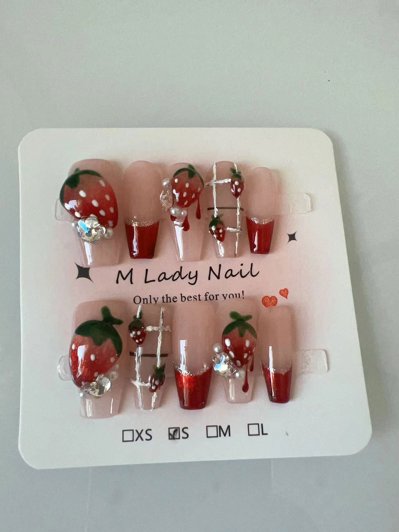 3D strawberry nail ( press on nail, handmade,10pc, reusable, salon quality, cute nail, coffin nail, easy to apply, Nail Art, Nail Care) - M LADY -  - 