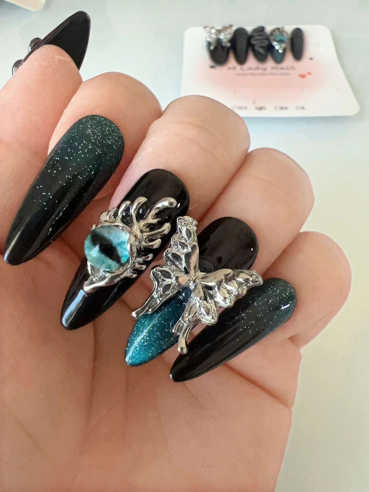 Evil eye nail (press on nail, handmade ,almond nail , cool nail, 10pc, salon quality, Halloween nail, reusable , easy to apply, Nail Art, Nail Care) - M LADY -  - 