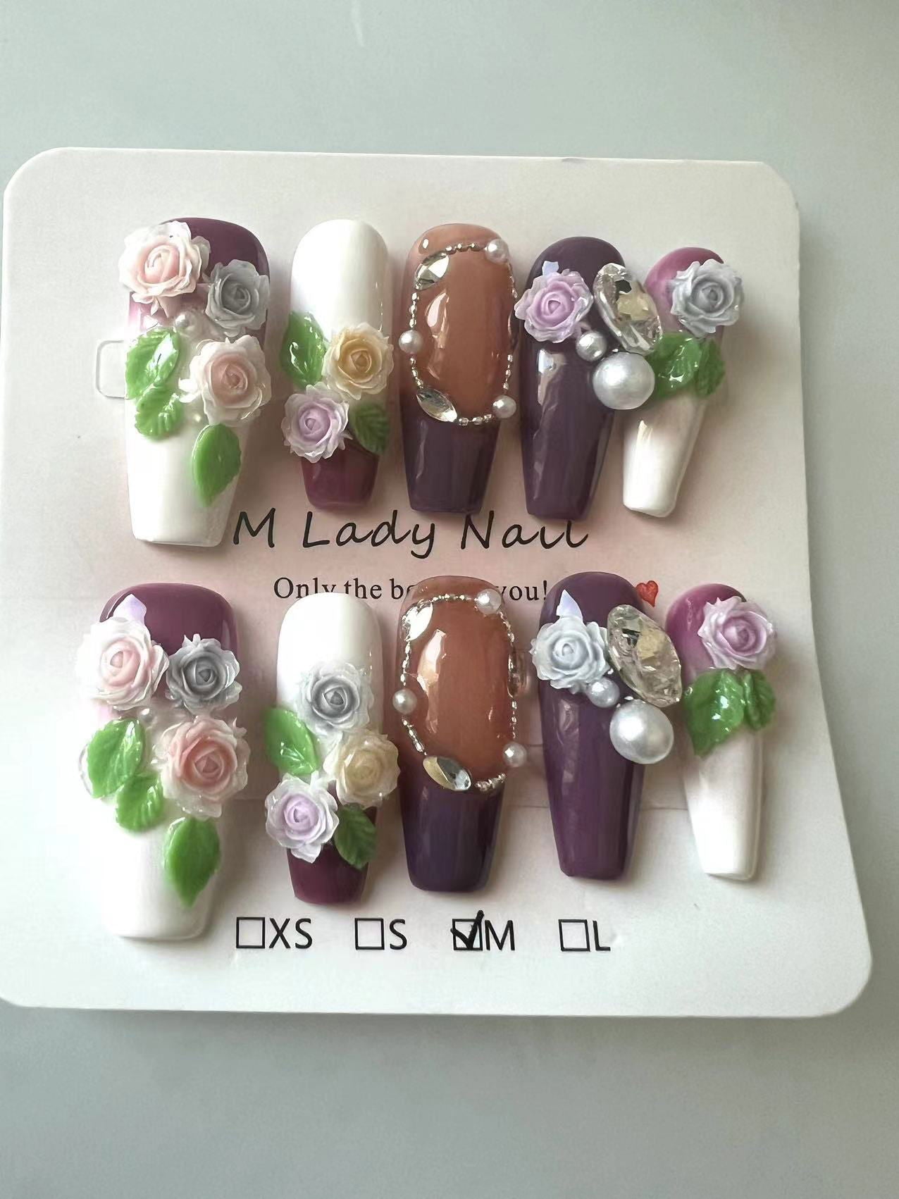 Flower world nail ( press on nail, long nails, handmade nail , 10pc,  Nail Art, Nail Care) - M LADY -  - 