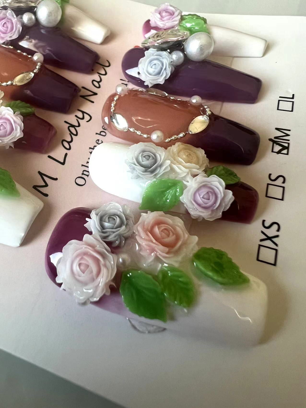 Flower world nail ( press on nail, long nails, handmade nail , 10pc,  Nail Art, Nail Care) - M LADY -  - 