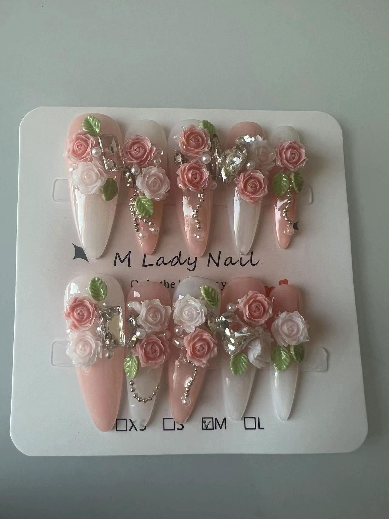 Rose Garden （press on nail, 100%handmade, Nail Art, Nail Care, flowers nail, easy to apply, perfect Gift) - M LADY -  - 