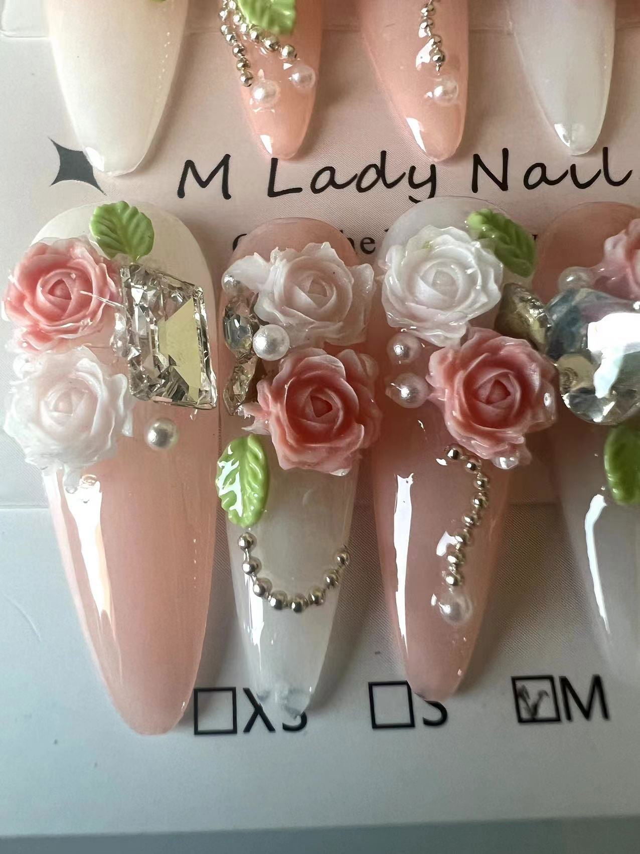 Rose Garden （press on nail, 100%handmade, Nail Art, Nail Care, flowers nail, easy to apply, perfect Gift) - M LADY -  - 