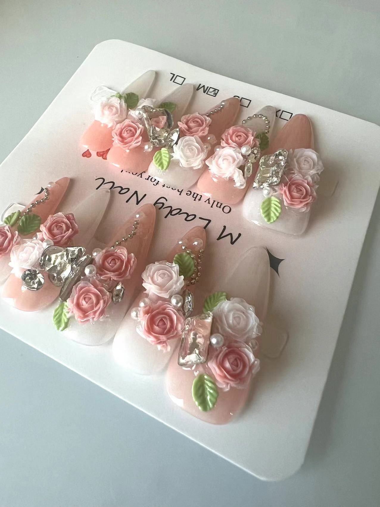 Rose Garden （press on nail, 100%handmade, Nail Art, Nail Care, flowers nail, easy to apply, perfect Gift) - M LADY -  - 